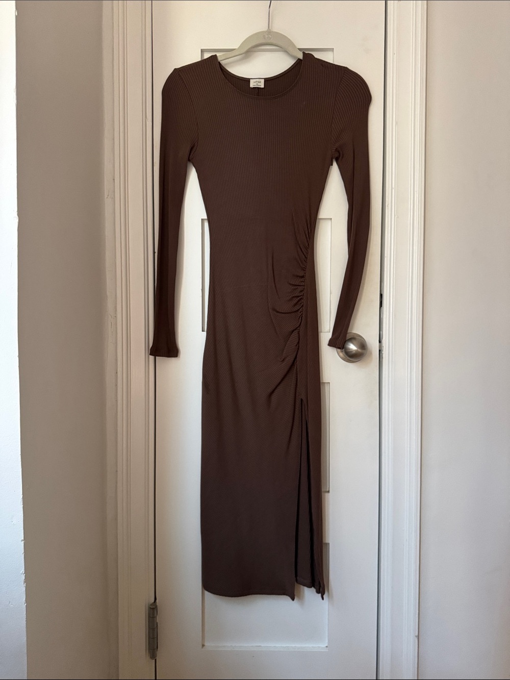 Wilfred Chocolate Brown Long-Sleeve Ruched Midi Dress